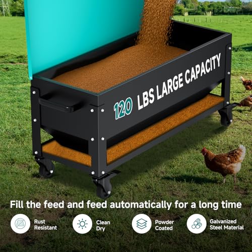 Heavy Duty Chicken Feeder 120 lbs Large Capacity, Metal Automatic Poultry Feeding Box with Waterproof Lid, Raised Standing Feeder with Wheels for Hens & Roosters, Portable & Easy to Move