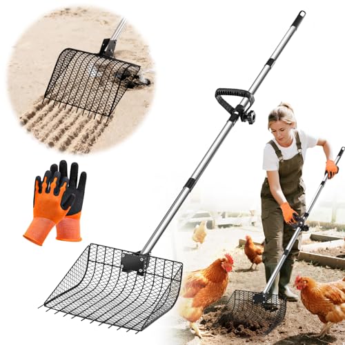 12inch Large Metal Chicken Poop Scooper for Sand with Ergonomic Grip, Adjustable Angle 2 in 1 Chicken Coop Scoop & Rake (39-66"), Stainless Steel Litter Sifting Shovel Chicken Coop Cleaning Tool, Farm