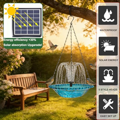Solar Bird Bath Hanging with Fountain for Outdoors, Solar Powered Hanging Outdoor Water Fountain, Bird Bath with Solar Fountain for Garden, Patio, Yard, Deck