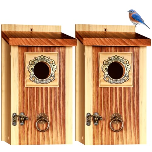 SISTERBIRD Premium Pack of 2 Bluebird Houses for Outside, Garden Bird Houses for Outdoor, Vintage Metal Predator Guard, Birdhouse Gift, Weatherproof Coating Bird Nesting, Assembly Required - color: Light Toast Vintage -- 2PK