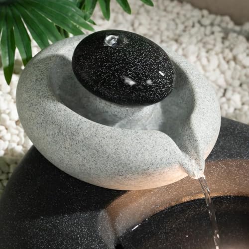 13.39" H Outdoor Water Fountain Made with Eco-Friendly Recyclable Materials, Polyethylene Rock Waterfall Outdoor Fountain, Garden Decor with LED Light & Pump for Patio, Backyard (13.39") - size: 13.39"
