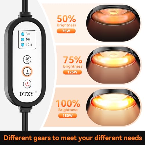 Reptile Heat Lamp,7inch Deep Dome Reptile Light Fixture with 3/6/12 Timer, Infrared Reptile Heat Lamp Max 150W Blub, for Turtle Bearded Dragon Lizards Snake（1PCS 150W Bulb Included）