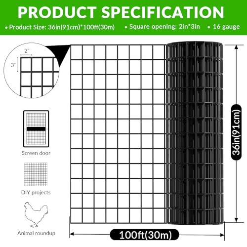 Welded Wire Fencing 36 Inch x 100 Foot,2 Inch x 3 Inch 16GA Black PVC Wire Fence,Vinyl Coating Metal Wire Mesh for Yard Vegetable Protection Goat & Poultry Netting - size: 36in*100ft 2″×3″