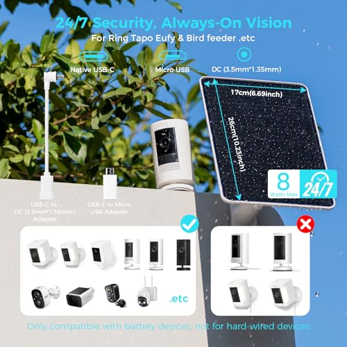 5V 8W Solar Panel for Security Camera, for Bird Feeder, 4G AOV Trail Cam, Ring Tapo Eufy Vicohome Eseecloud, Native USB-C, Micro-USB & DC 3.5mm*1.35mm, 23% Conversion, 9.8 Ft, 260 Days Care Plan - color: 1 Pack AOV USB-C & Micro_USB & DC 3.5mm*1.35mm