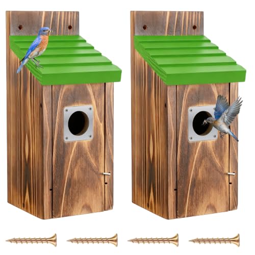 Dreyoo 2 Pack Bluebird Box Houses for Outside,1-1/2'' Entrance Hole Wooden Bird Houses with Metal Guard, Secure Latch,Fledgling Grooves,Air Vents for Bluebird Wren Swallow(Green Roof,Burnt Wood Body) - color: Green Roof,Burnt Wood Body