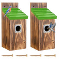 Dreyoo 2 Pack Bluebird Box Houses for Outside,1-1/2'' Entrance Hole Wooden Bird Houses with Metal Guard, Secure Latch,Fledgling Grooves,Air Vents for Bluebird Wren Swallow(Green Roof,Burnt Wood Body) - color: Green Roof,Burnt Wood Body