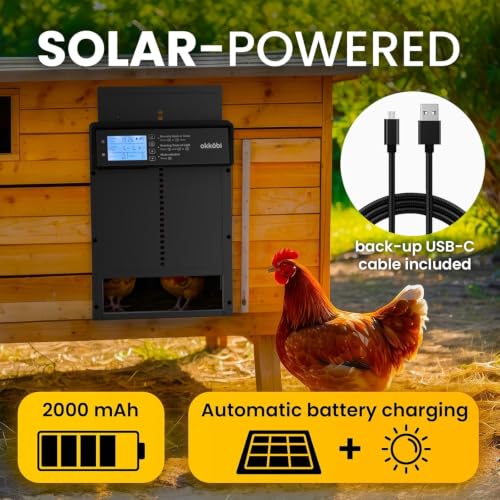 Okkobi Automatic Chicken Coop Door Solar Powered - LCD Display - Chicken Coop Door with Light Sensor & Timer - Security & Peace of Mind: Anti-Pinch Function - 5-Year Protection - Black - color: Black