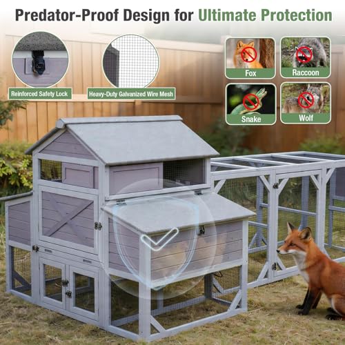 Large Chicken Coop with Run for 8-10 Chickens, Wooden Outdoor Hen House with 3-Section Nesting Box, Walk-in Poultry Cage, Pull-Out Metal Tray, Multiple Perches, Secure Ventilated Design