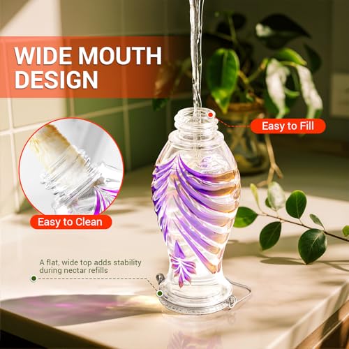 Hummingbird Feeder for Outdoors, 24oz Glass Nectar Feeder with Perch & 5 Flower Feeding Ports, Leakproof Hanging Bird Feeder for Garden Yard Decor, Outside Gifts for Women & Mom, Lavender - color: Lavender