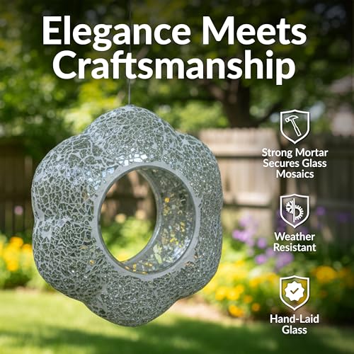 Sunnydaze Mosaic Glass Bird Feeder, Fly-Through, Mirrored Diamond Flower | 10" Small Unique Hanging Bird Feeder for Outdoors, Drainage Hole, Weather-Resistant, Birdfeeder for Cardinals, Jays, Finches - color: Mirrored Diamond Flower