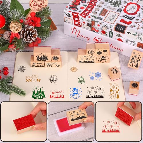 JarThenaAMCS 11 Pcs Winter Wooden Rubber Stamps Snowflake Snowman DIY Craft Stamps for Christmas Xmas Scrapbooking Cards Making - style: Winter