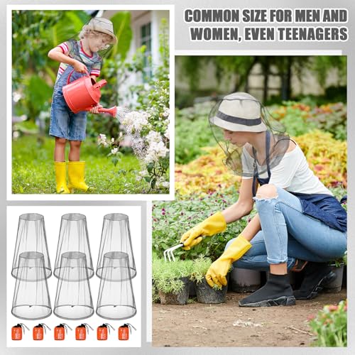 HESTYA 6 Pack Mosquito Head Net Mesh for Hiking & Outdoors Bug Face Netting Over Hat Fishing Gear Insect Protection for Camping, Hiking and Outdoor Adventures(Grey) | Mesh Netting for Insect Protection, Fits over Hats with Elastic, Includes Storage Bags,