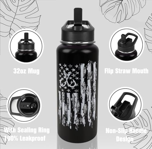 Fishing Water Bottle with Straws Fish Insulated Water Bottle Gifts for Men Dad Papa Husband Fisherman Fathers Day,Anniversary,Christmas,Birthday Travel Thermal Double Walled Vacuum Cup-32 oz - color: black fish hook
