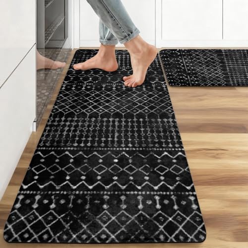 Boho Kitchen Mats for Floor 2PCs, 17.3"x47"+17.3"x29", Black | Non Slip Comfort Washable Waterproof Anti Fatigue Kitchen Rug, Modern Rustic Farmhouse Kitchen Decor for Home, Sink, Laundry - color: Black-2