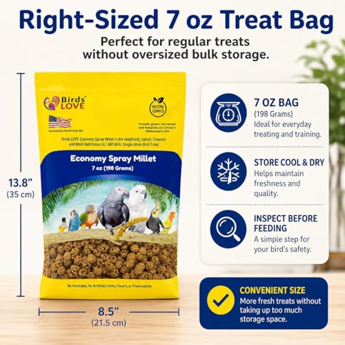 Birds LOVE Economy Spray Millet for Birds, 7 oz, GMO-Free Natural Millet Spray Treat, Stem-Reduced Edible Tops, Grown in USA, for Parakeets, Cockatiels, Lovebirds, Finches, Canaries & Small Parrots