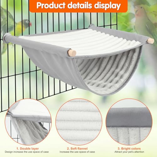 BWOGUE Bird Nest Bed Hanging Hammock, Parakeet Bed for Cage, Cockatiel Bed | Warm Fleece Snuggle Hut, Double-Layer Comfort, Wooden Perch Setup, Washable Hammock - color: Grey, size: Large (13.56"x9.2")