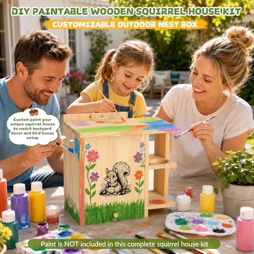 Large Widened Squirrel House for Outside, Waterproof Squirrel Nesting Box | External Platform & Porch, Anti-Predator Squirrel Box for Backyard, Solid Pine Wood, Easy to Assemble, DIY, 16×14.5×8 Inch