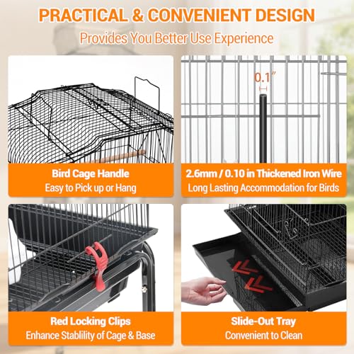 64'' Large Metal Bird Flight Cage with Open Top, Detachable Rolling Stand & Storage Shelf for Parrots, Conures, Lovebirds, Cockatiels, Parakeets, Black
