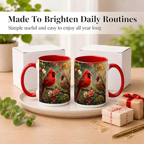 Cardinal Garden Coffee Mug, Bird Lover Mug, Spring Nature Gift for Home Office, Red Songbird Pair with Cherry Blossoms Branch Artwork, Ceramic Red Accent Handle Cup 15 Oz Drinkware (Bird Pair 15oz) - color: Bird Pair 15oz