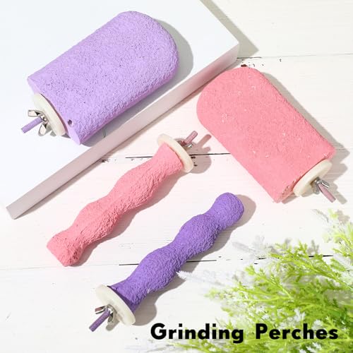 Soulchen 4 Pcs Bird Beak Grinding Calcium Stone Perches Large 4.8 Inch Parrot Teeth Mouth Molar Cage Platform Paw Grinding Sticks Jumping Stand for Macaws Parakeets Finches Cockatiel(Purple,Pink)