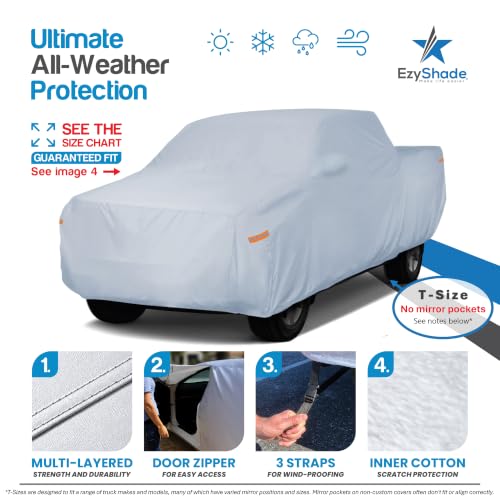 EzyShade Truck Cover Waterproof All Weather. See Truck Size-Chart. Size T1 | Multi-Layer Full Outdoor Pickup Truck Covers. Rain Sun Snow UV Dust Protection. Ranger, Frontier, Tacoma - See Size Chart - color: Reflective, size: T1 - see Vehicle Size Chart