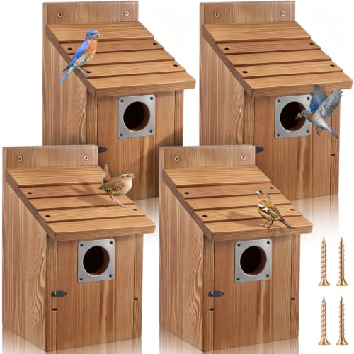 Dreyoo 4 Pack Bluebird Houses for Outside with Metal Predator Guard, 1-1/2" Entrance Hole Wooden Blue Bird Houses for Outdoors, Bluebird Nesting Box(Burnt Wood) - color: Burnt Wood