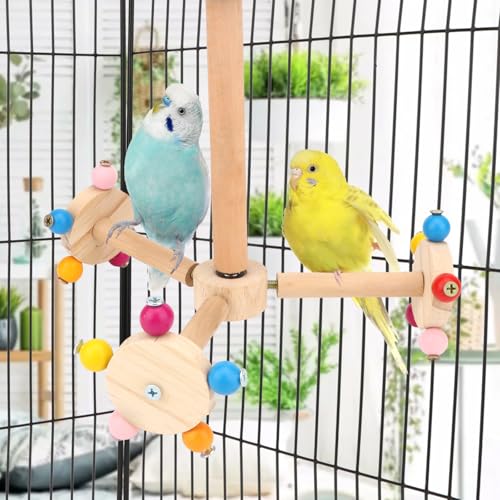 Hypeety 360° Rotating Bird Perch Stand Toy Natural Wood Interactive Exercise Wheel Parrot Perch Toys Bird Rotating Perch for Parrot Parakeets Budgies Lovebirds Finch Conures (3 Stands)