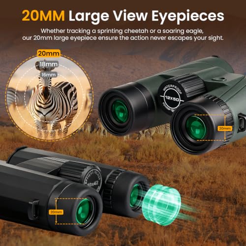 BIBIRE 12x50 Binoculars for Adults, HD Roof Prism Compact Binoculars Large Eyepiece Waterproof Binocular for Cruise Bird Watching Hunting