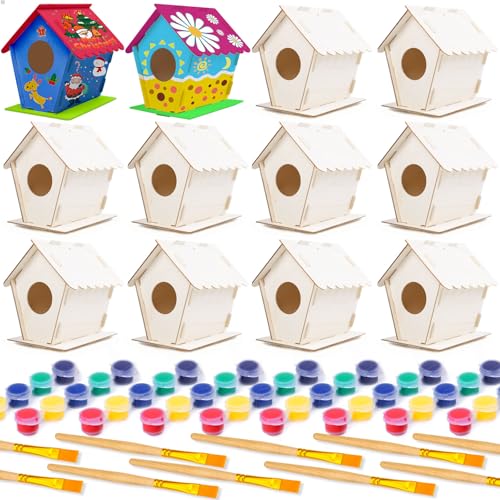 hapray 12 Pack Bird House Kit for Kids, DIY Wooden Birdhouse with Paints - color: 12 Pack Bird House