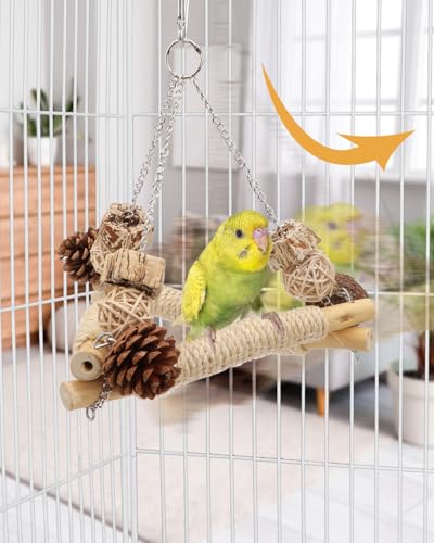Hypeety Bird Swing for Cage Sisal-Wrapped Wooden Perch with Chew Toys | Natural wood, stable triangle design, easy to hang, with round swing, balance training toy, for lovebird/conure/quaker, 2pcs