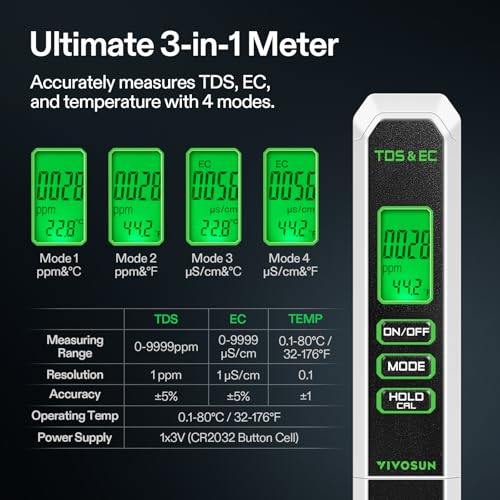 VIVOSUN Digital pH Meter TDS EC Meter for Water 0.01 Accuracy Hydroponics | ±0.01 pH Accuracy, ATC, Auto Calibration, LCD Display, Hold Function, for Hydroponics Aquarium Pool Drinking, UL Certified - color: Black+White