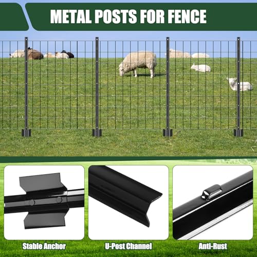 109 Pcs Black PVC Coated Wire Fence 2 x 50 ft, 2 x 3 Inch 16ga, Garden Fencing Roll and 3 ft Metal Fence Garden Fences T Posts and 8 in Zip Ties Cable Ties for Lawn Poultry Plant