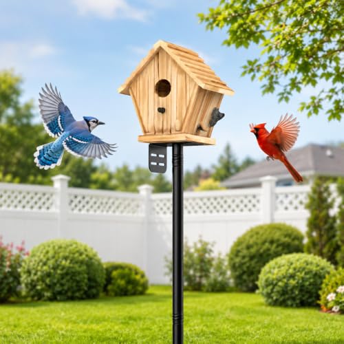 Bird Feeder Pole 85 Inch, Heavy Duty Adjustable Bird House Pole Mount Kit, Universal Top and Side Mount for Smart Bird Feeders, Bird Houses, Seed Trays and Weather Stations with 4-Stake Stable Base - size: 85 INCH