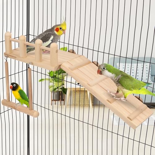 Wontee Bird Perches Platform Swing with Climbing Ladder Bird Cage Accessories Play Gym Exercise Stand for Parrots Budgies Parakeets Caique Senegal Cockatiels Conures