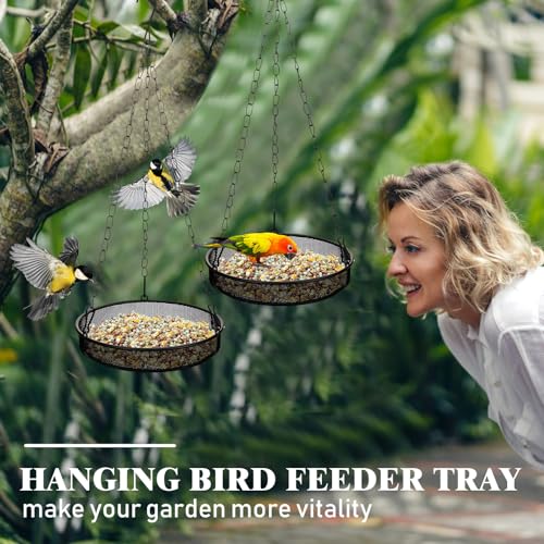 4 Pieces Hanging Bird Feeder Tray Platform Metal Mesh Feeder Seed Platform for Bird Feeding Outside Outdoors Wild House Hanging for Attracting Birds, Black(Round) - style: Round
