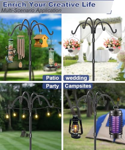 Upgrade 4-Hook Shepherds Hooks for Outdoor with Plastic Tube, 92" Heavy Duty Bird Feeder Pole with 5 Prongs Base, Adjustable Garden Hook for Solar Light, Hanging Plant, Wedding Decor, 1 Pack