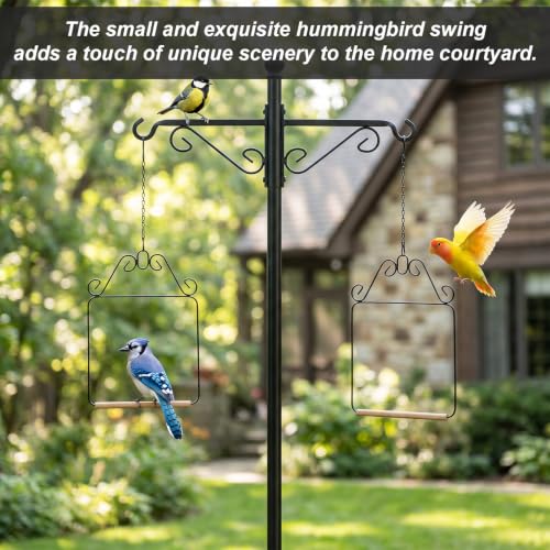 2 Pack Hummingbird Swings, Black Metal Frame Hummingbird Swings with Wooden Dowel Wild Bird Swing Outdoor Bird Perch with 2Pcs Hanging Chain for Hanging Indoor Outdoor Trunk Lawn Patio Garde
