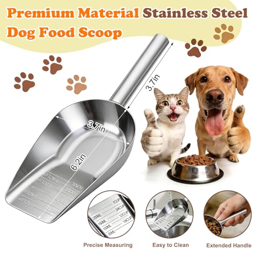 Dog Food Scoop Stainless Steel with Long Handle, Precise Measuring Cups | 1, 3/4, 1/2, 1/4 Cup, Pet Scoop for Dogs, Cats, Rabbits, Animals, Metal Spoon for Dog Food Storage (1CUP) - size: 1CUP