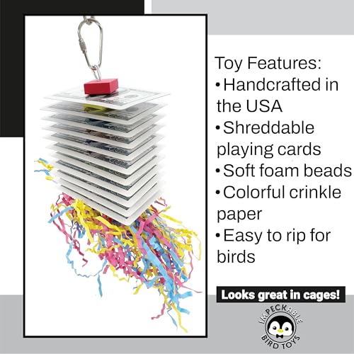 1472 Shred Deck Bird Toy - Interactive Chewable Card & Crinkle Paper Foraging - Colorful Bird Shredding Toy with Foam Beads - Engaging Parakeet Cage Accessories for Budgies, Cockatiels & Conures