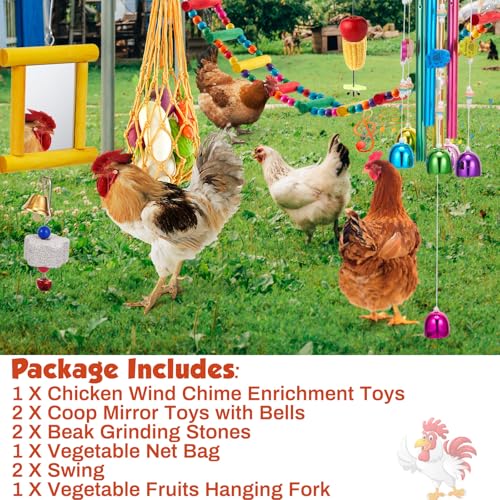 VioraWhite 9 Pcs Chicken Toys for Coop, Wind Chime, Chicken Mirror Toys with Bells, Beak Grinding Stones Swing Vegetable Net Bag, Vegetable Fruits Hanging Fork for Hens Bird Parrot