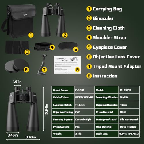 15-35x70 Binoculars for Adults High Powered, 35x HD Zoom for Stargazing & Bird Watching, Waterproof Binocular with Tripod Adapter, Ideal Essentials for Cruise Ship, Travel, Camping, Outdoor, Hunting