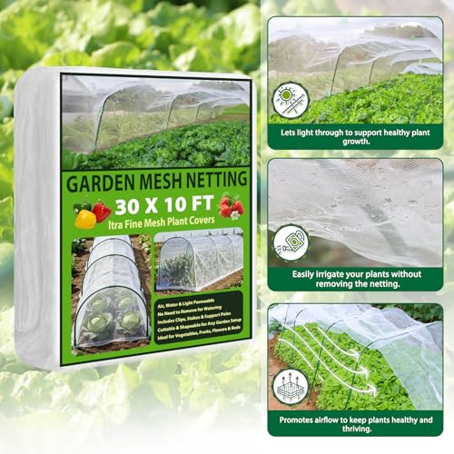 Garden Netting Kit 10×30 FT Ultra Fine Mesh Plant Protection Cover | with 6 Sets Garden Hoops & 36 Clips for Raised Beds, Physical Pest Barrier Netting for Vegetable Gardens & Row Covers