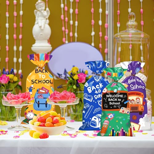 CUUSNNY 100 Pcs Back to School Goodie Bags Cellophane Treat Bags | First Day of School Candy Goodie Gift Bag with Gold Twist Ties for Welcome Back to School Party Favor Supplies - color: Back to School