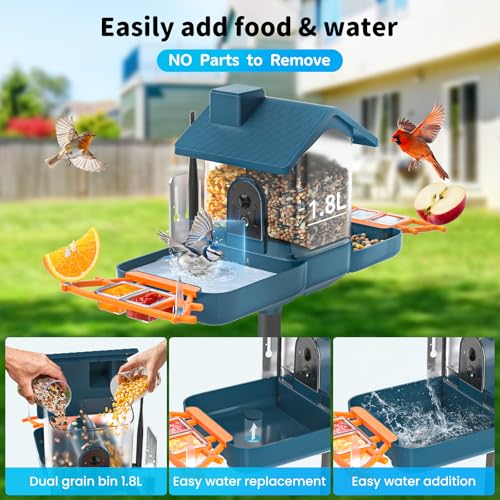 Smart Solar Bird Feeder with Camera & Outdoor Bird Bath | 2K HD Dual-Lens, AI Bird Identification, Instant Mobile Alerts, IP66 Weatherproof, Ideal for Outdoor Bird Watching - color: BLUE