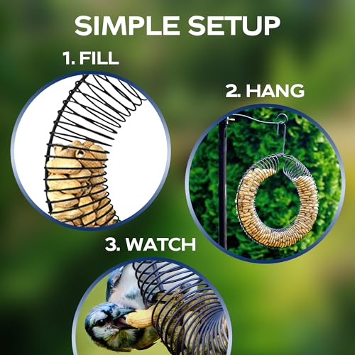 Armstrong Wild Bird Food Wreath-Shaped Peanut Feeder - Durable Metal Hanging Coil Feeder for Blue Jays & Nut-Loving Birds - Holds Peanuts in Shell for Outdoor Birdwatching and Wildlife Feeding - style: Peanut Coil