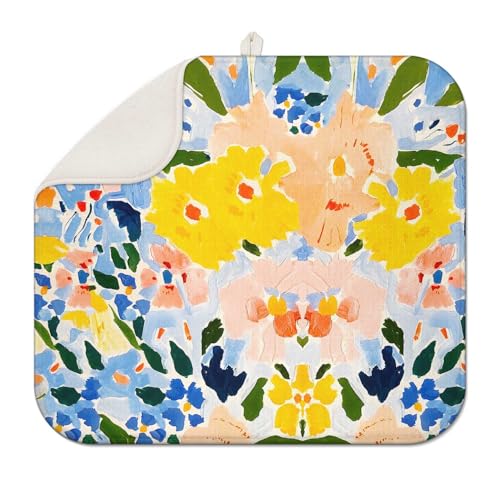 Floral Reversible Counter Dish Drying Mat, 18x24, Blue Yellow Draining Pad | Soft microfiber catches spills, non-slip backing protects counters, compact foldable mat suits dishes, glasses and cookware - color: Flower 02, size: 24" x 18"