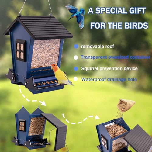 LSCQYYCCSquirrel Proof Bird Feeders for Outdoors Hanging, 5LB Capacity Metal Wild Birdfeeders Outside Hanging,Large Feeder That Attracts Cardinals, Chickadees, and More Birds-One in Blue - color: Blue
