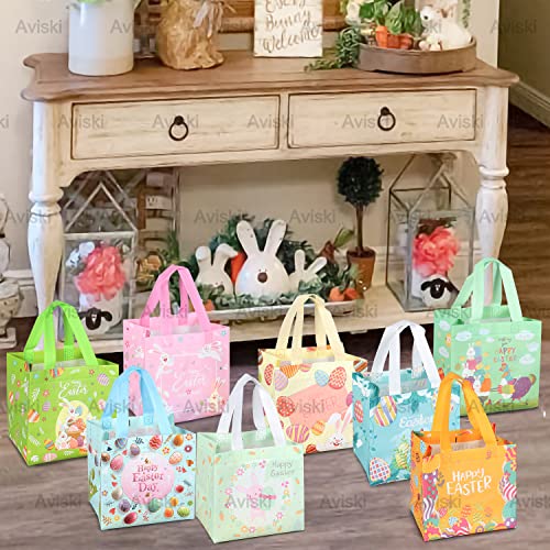 8PCS Happy Easter Egg Hunt Bags Easter Bunny Carrot Chick Egg Gift Bags with Handles, Easter Treat Bags, Easter Party Supplies , 8.3×7.9×5.9inch - color: Orange Pink Blue Green