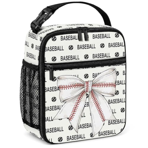 Lunch Box Girls Boys Insulated Lunch Bag for Kids Teen, Baseball Bow | Reusable Lunchbox, Cooler Tote Bag with Cup Holder, Lightweight, High Capacity, Multiple Pockets for School Work Travel - color: Baseball Bow