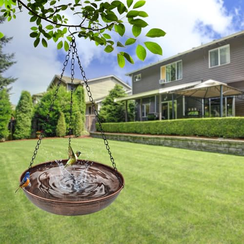 12" Metal Hanging Bird Bath with Chains and Hook | 2" Deep Bowl, 0.7Gal Capacity, 3 Chain Support, Easy Cleaning, Rust Resistant, Garden Decor - size: 12"